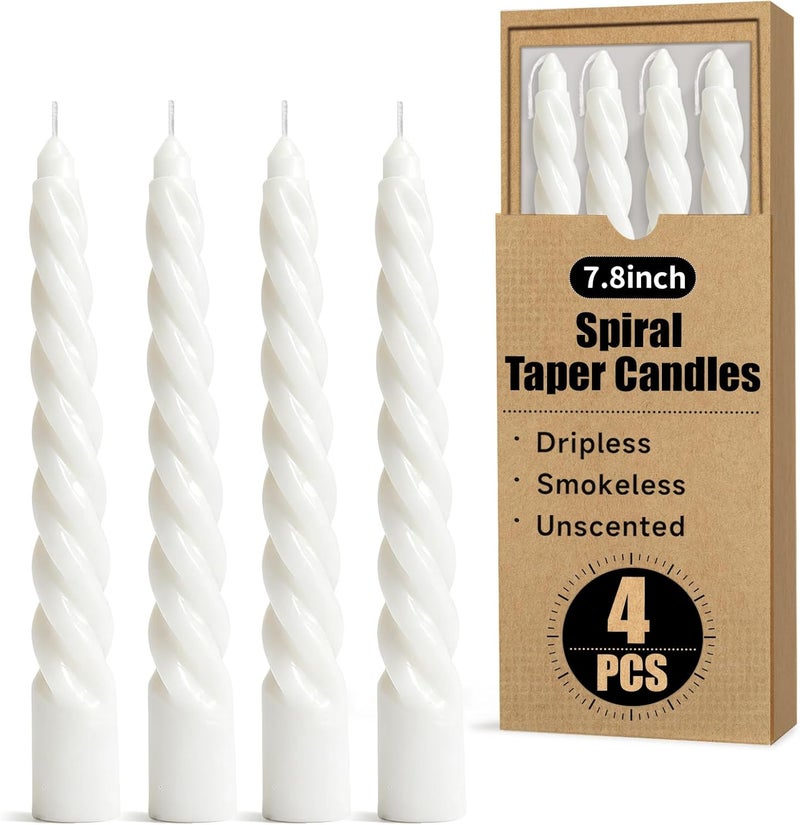 KORCCI White Spiral Taper Candles 7.8 Inch 4 Pack, Dripless Smokeless Unscented Decorative Candles for Wedding, Dinner, Party, Prayer, Home Decor (Elegant White) - Image 1